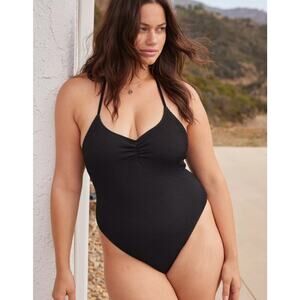 NWT Aerie Crinkle Halter Cheekiest One Piece Swimsuit True Black Swim Beach Sz S